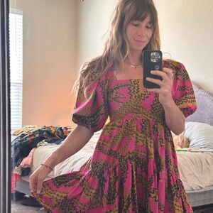 FARM Rio Pink and Yellow Puff Sleeve Mini Sundress with Alligators NWT